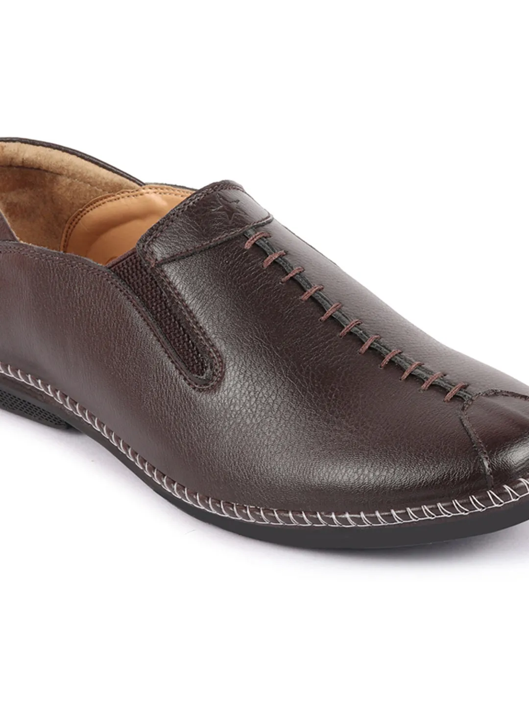 Men Brown Casual Cap Toe Hand Stitched Slip On Shoes