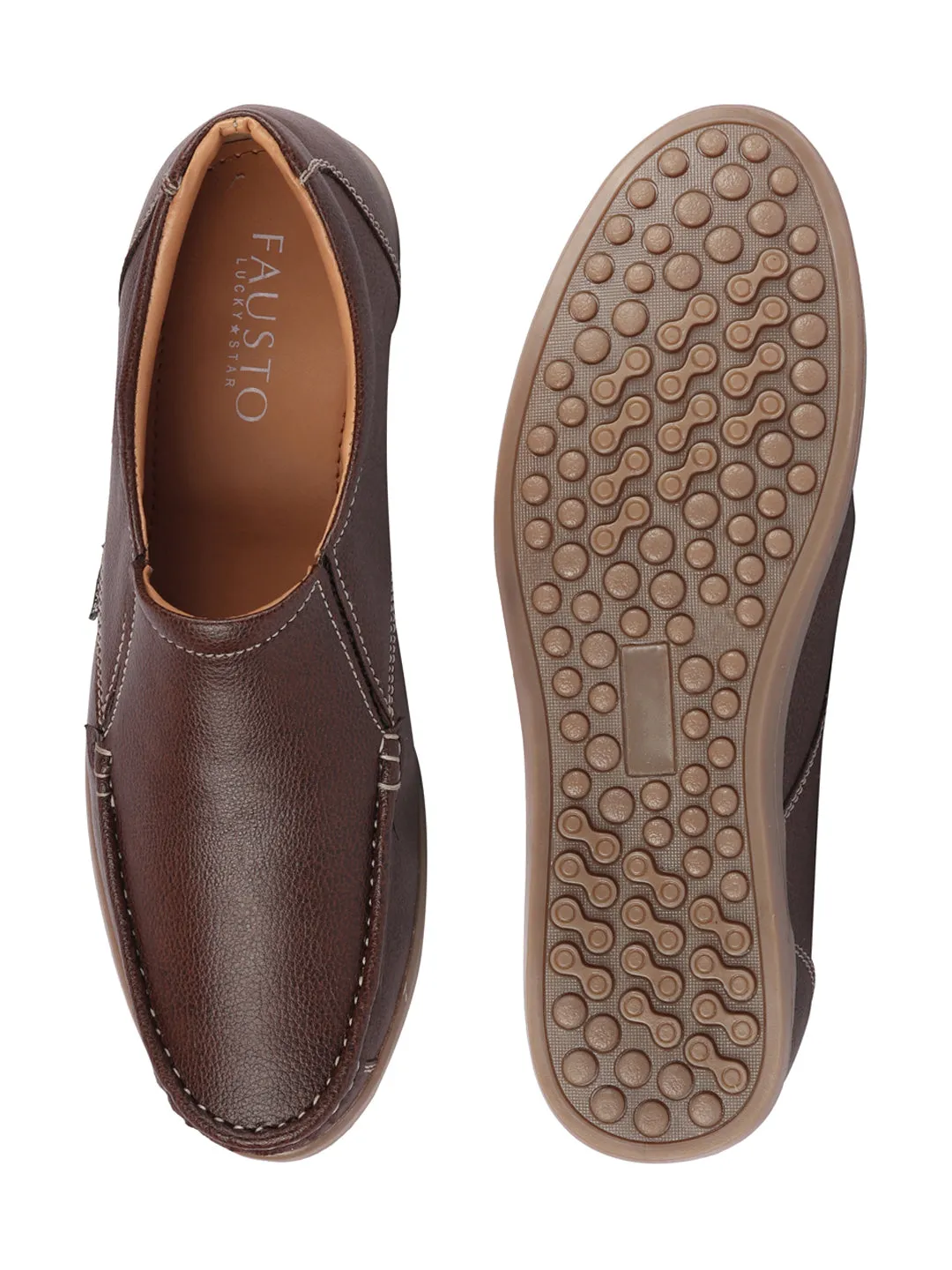 Men Brown Side Stitched Casual Comfort Slip On Loafer Shoes