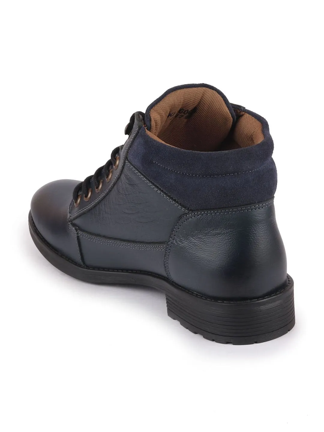 Men Navy Blue Leather Lace Up Mid Top Boots