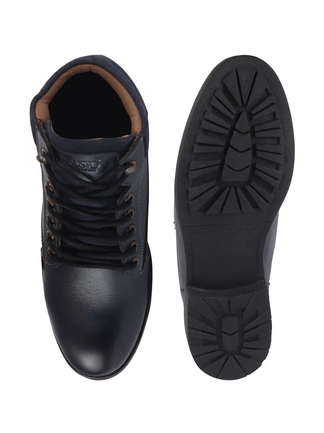 Men Navy Blue Leather Lace Up Mid Top Boots