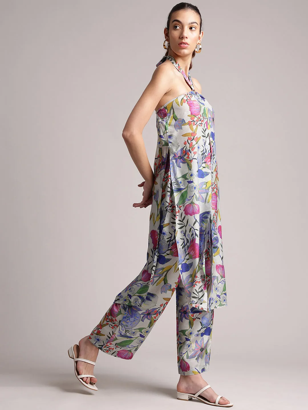 Multi Viscose Blend Floral Back Tie-Up Co-Ord Set