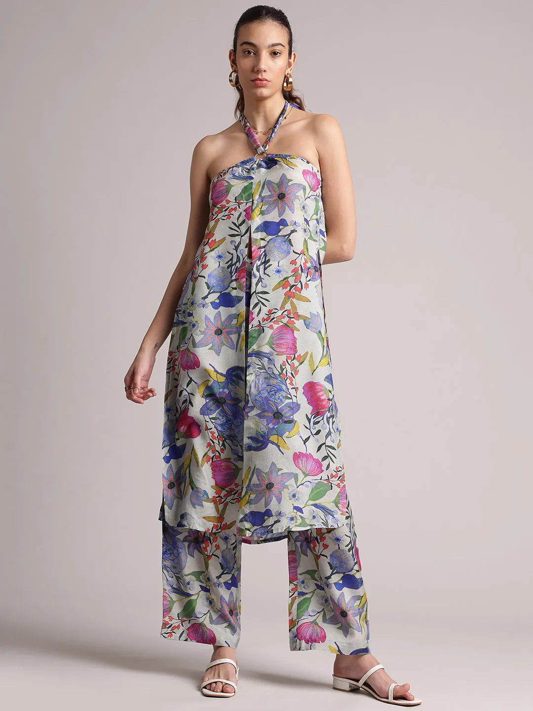 Multi Viscose Blend Floral Back Tie-Up Co-Ord Set