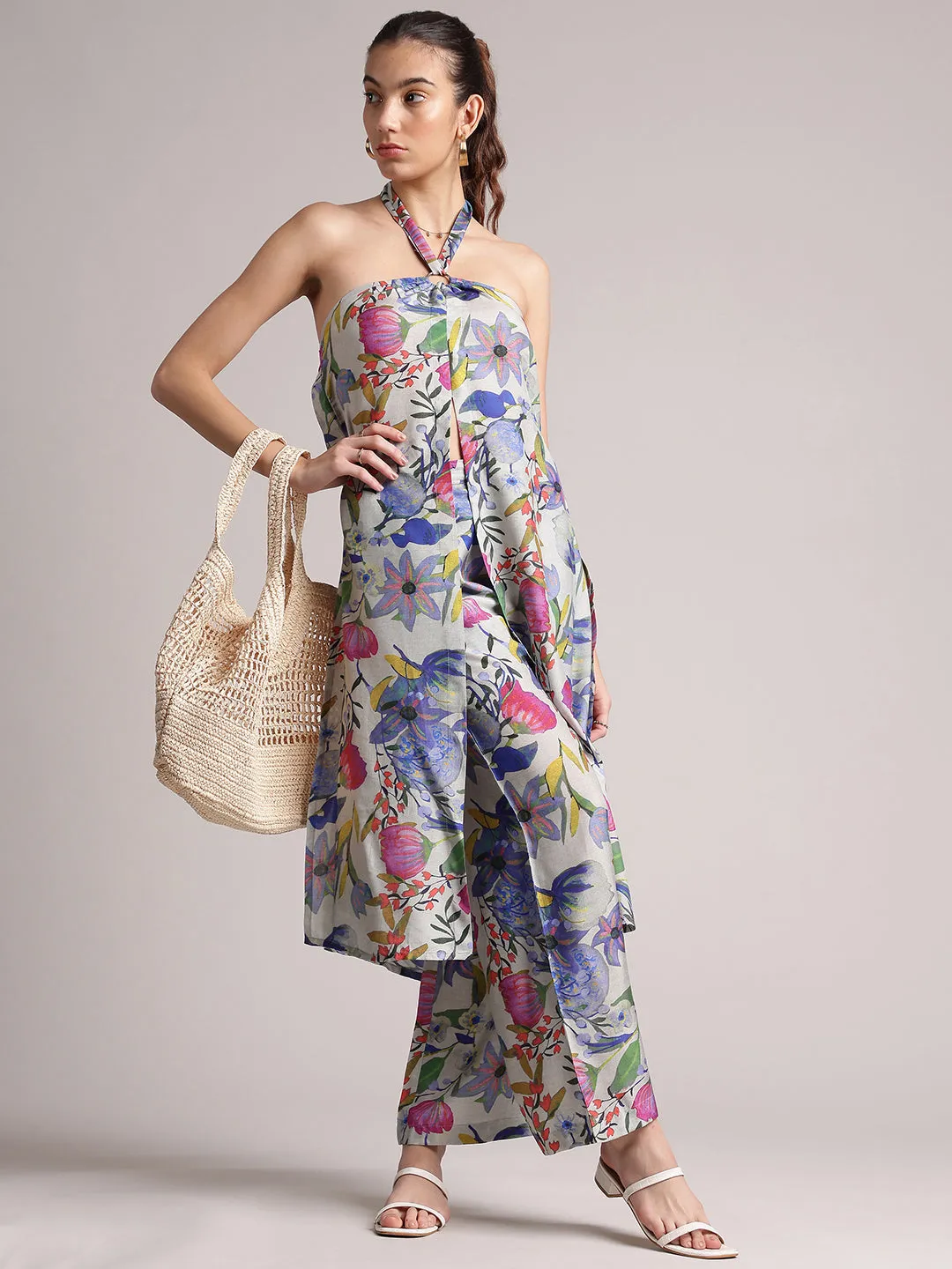 Multi Viscose Blend Floral Back Tie-Up Co-Ord Set