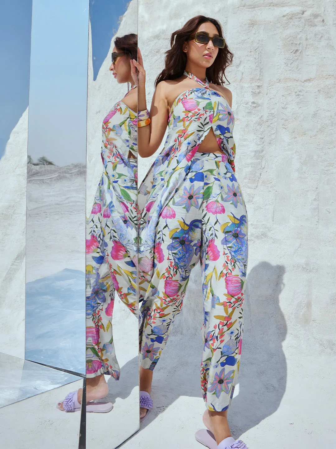 Multi Viscose Blend Floral Back Tie-Up Co-Ord Set