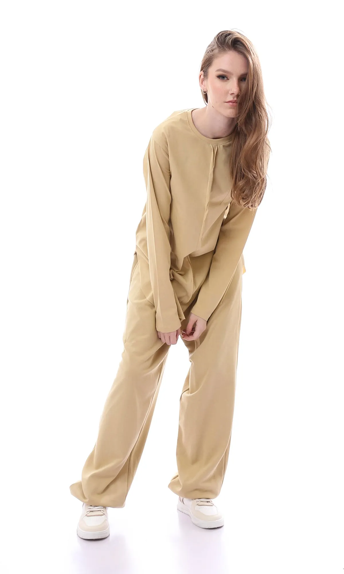 O165860 Elastic Waist Wide Leg Cotton Joggers Dark Beige Pants