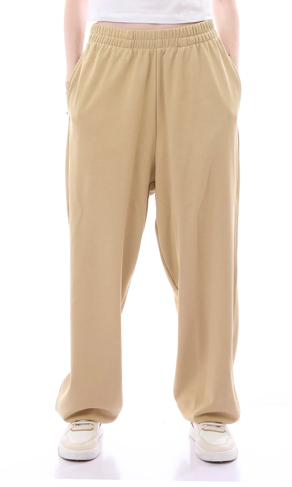 O165860 Elastic Waist Wide Leg Cotton Joggers Dark Beige Pants