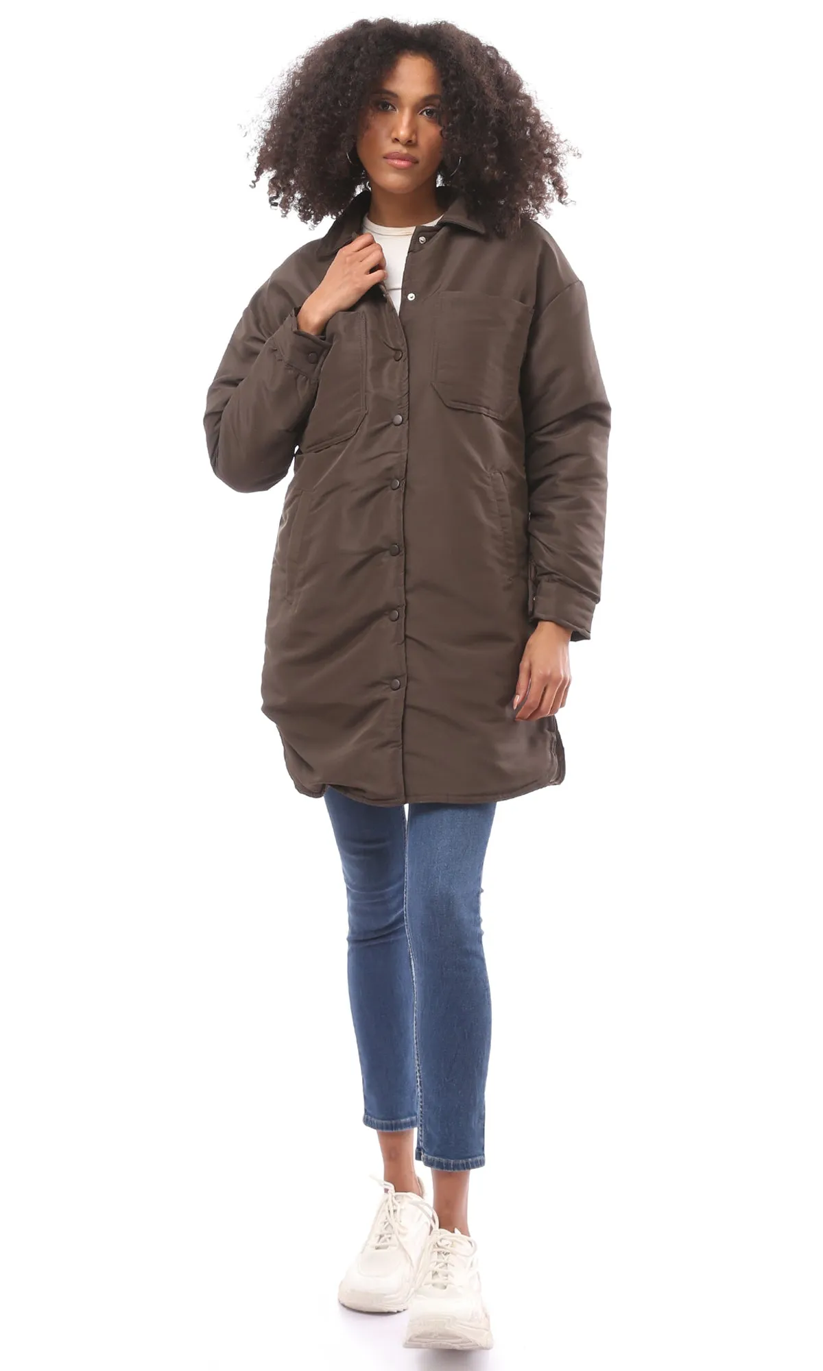 O171920 Solid Dark Brown Bomber Coat With Patched Pockets