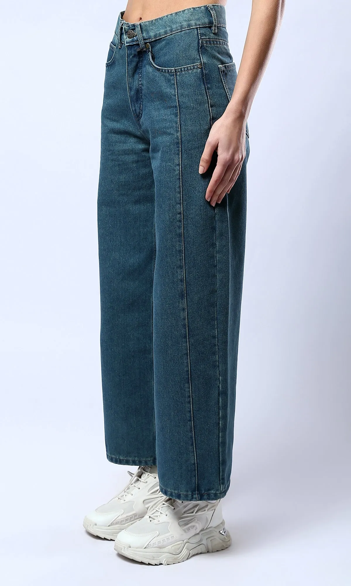 O177957 Greenish Blue Cotton Jeans With Double Closure