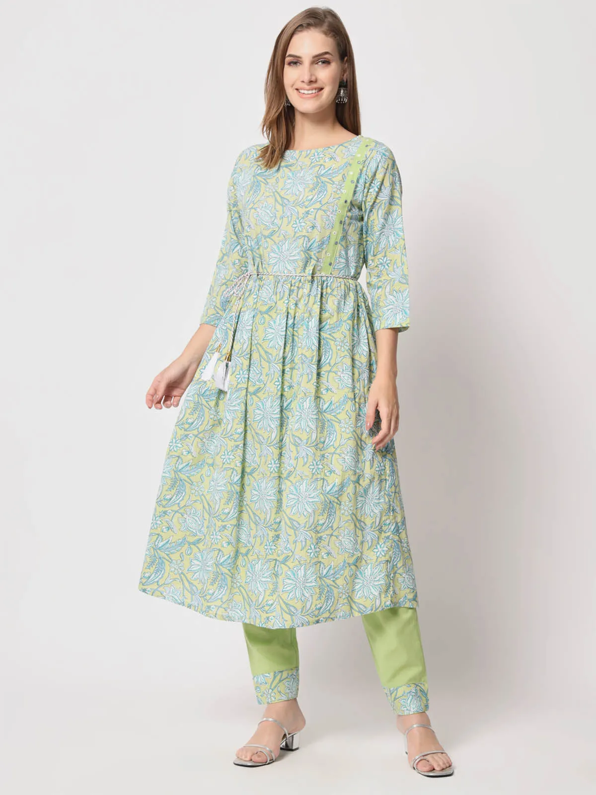 Odette Women Beautiful Green Cotton Printed Stitched Kurta Set