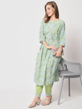 Odette Women Beautiful Green Cotton Printed Stitched Kurta Set