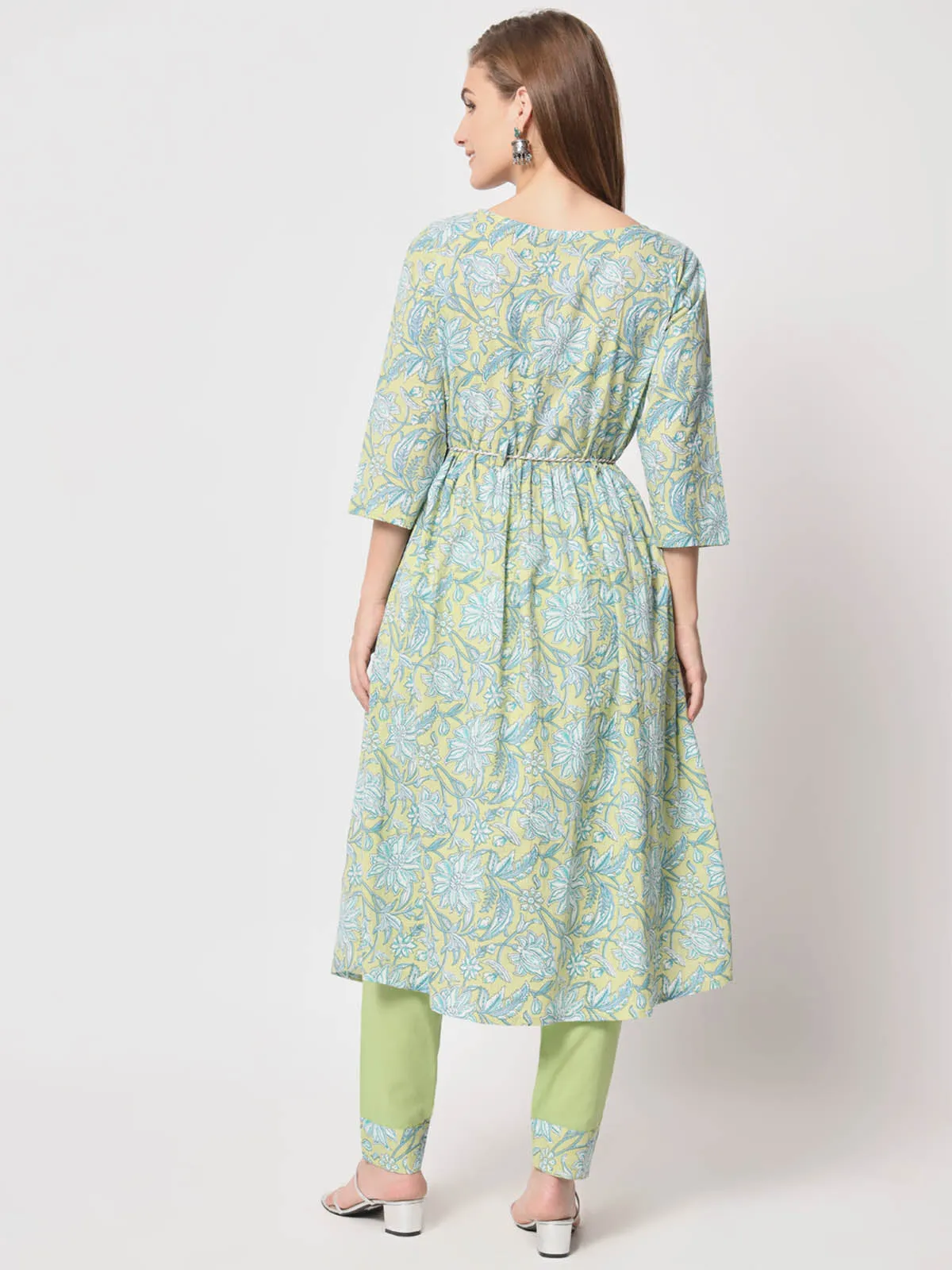 Odette Women Beautiful Green Cotton Printed Stitched Kurta Set