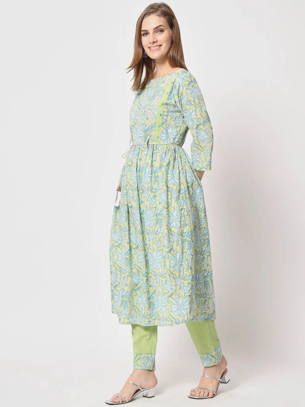 Odette Women Beautiful Green Cotton Printed Stitched Kurta Set