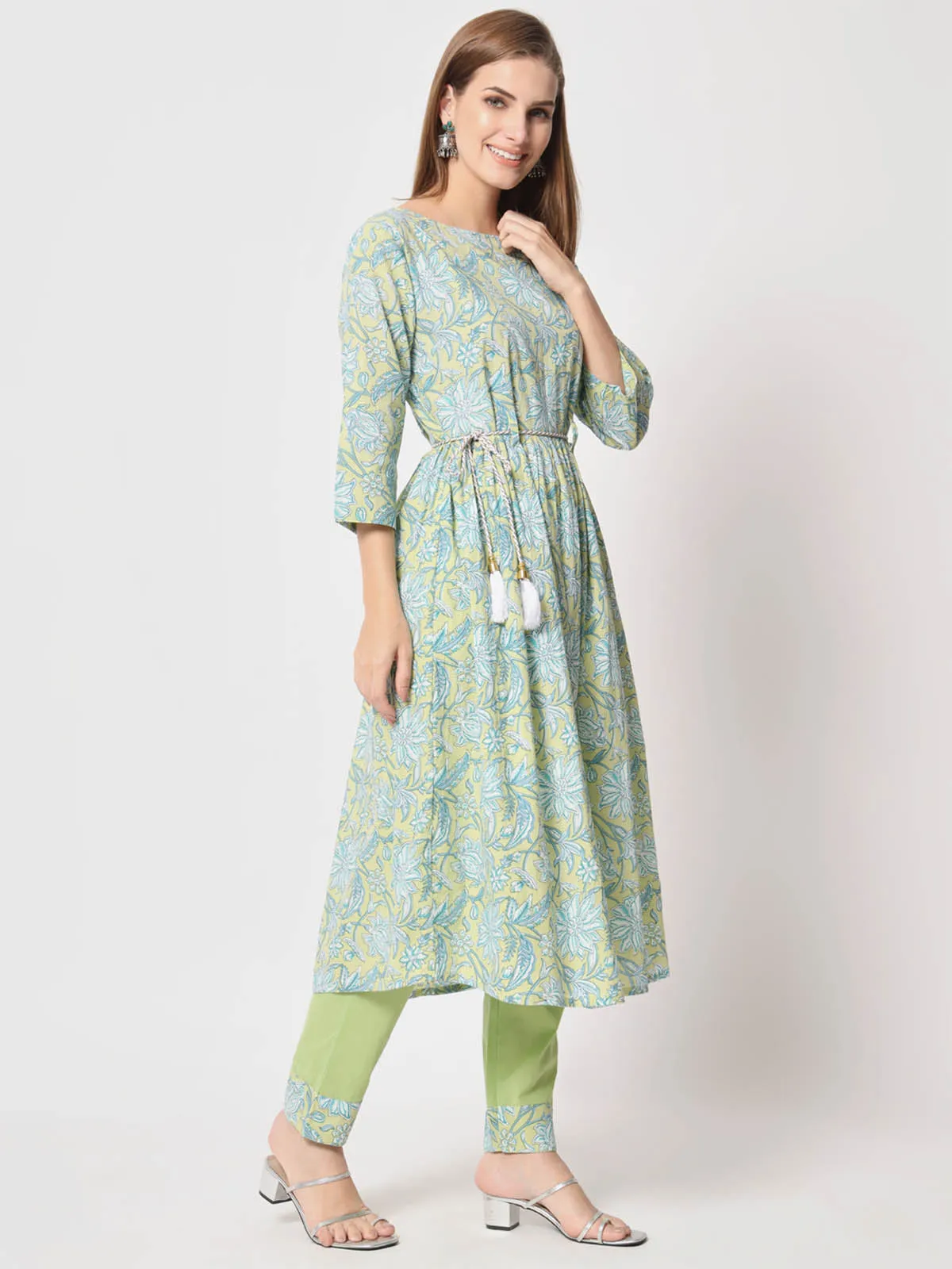 Odette Women Beautiful Green Cotton Printed Stitched Kurta Set