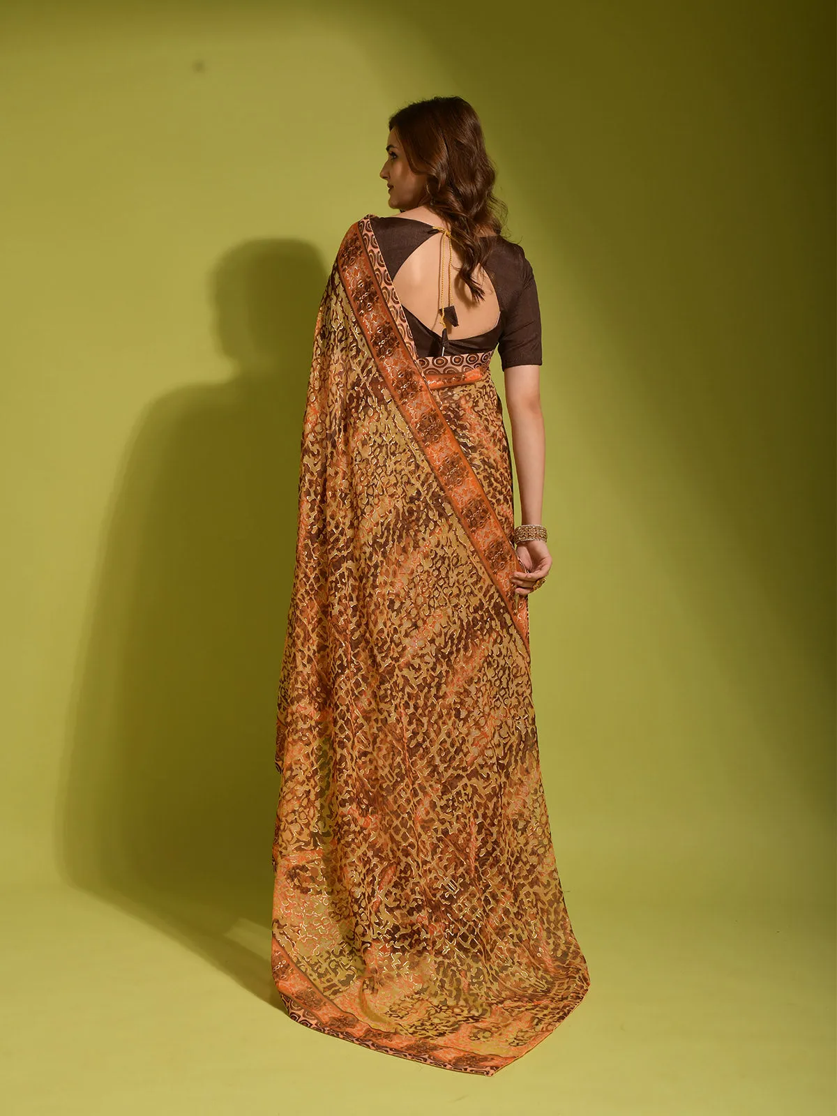 Odette Women Brown Georgette Designer Saree With Unstitched Blouse