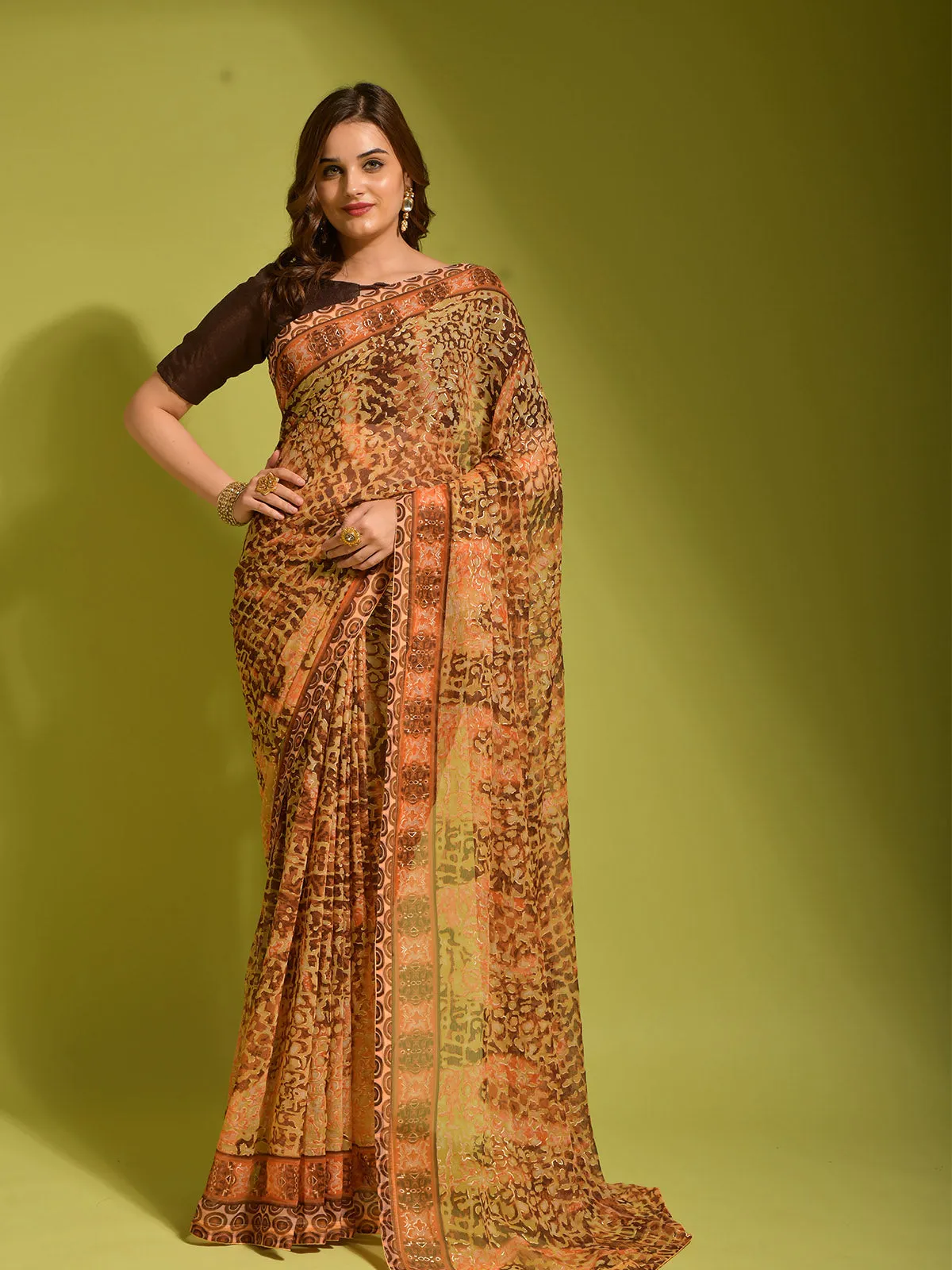 Odette Women Brown Georgette Designer Saree With Unstitched Blouse