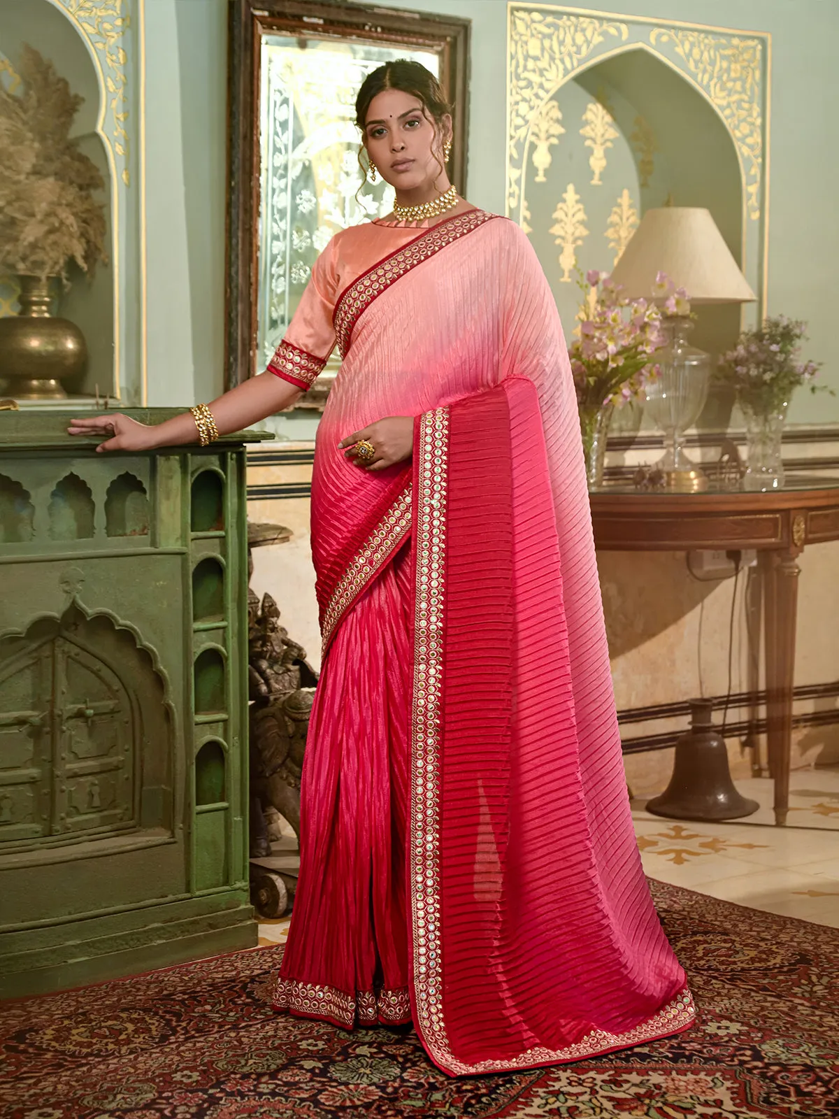 Odette Women Chinon Peach Embroidered Saree With Unstitched Blouse