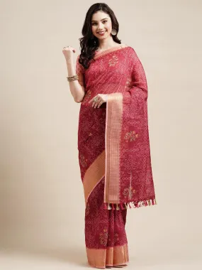 Odette Women Pink Festive Linen Printed Saree With Unstitched Blouse