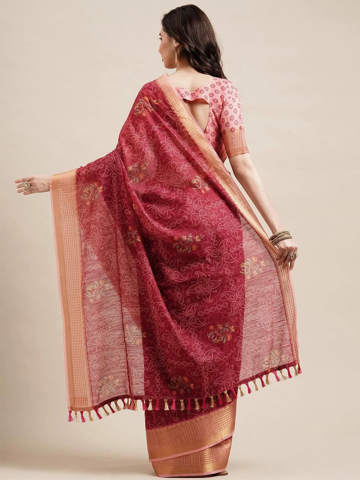 Odette Women Pink Festive Linen Printed Saree With Unstitched Blouse