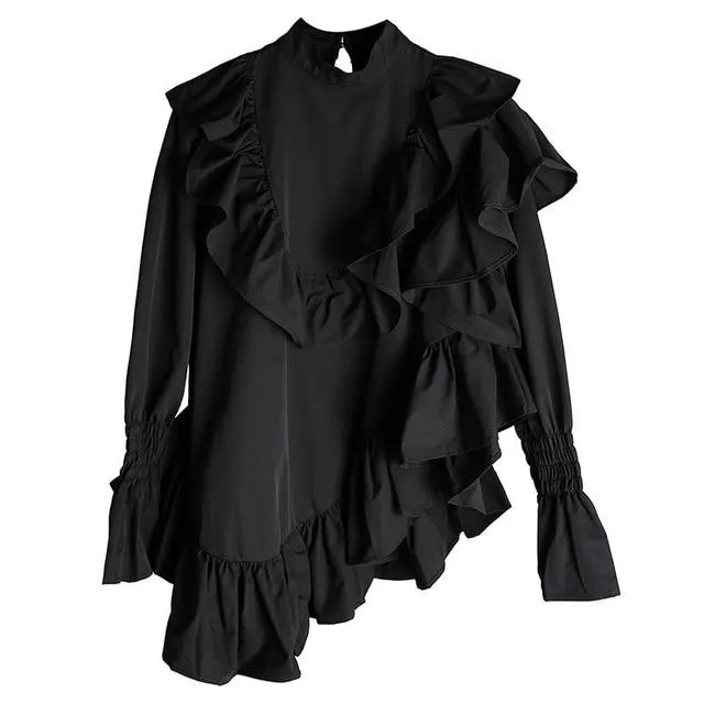 Okimi Asymmetrical Ruffle Long Sleeve Shirt - Black