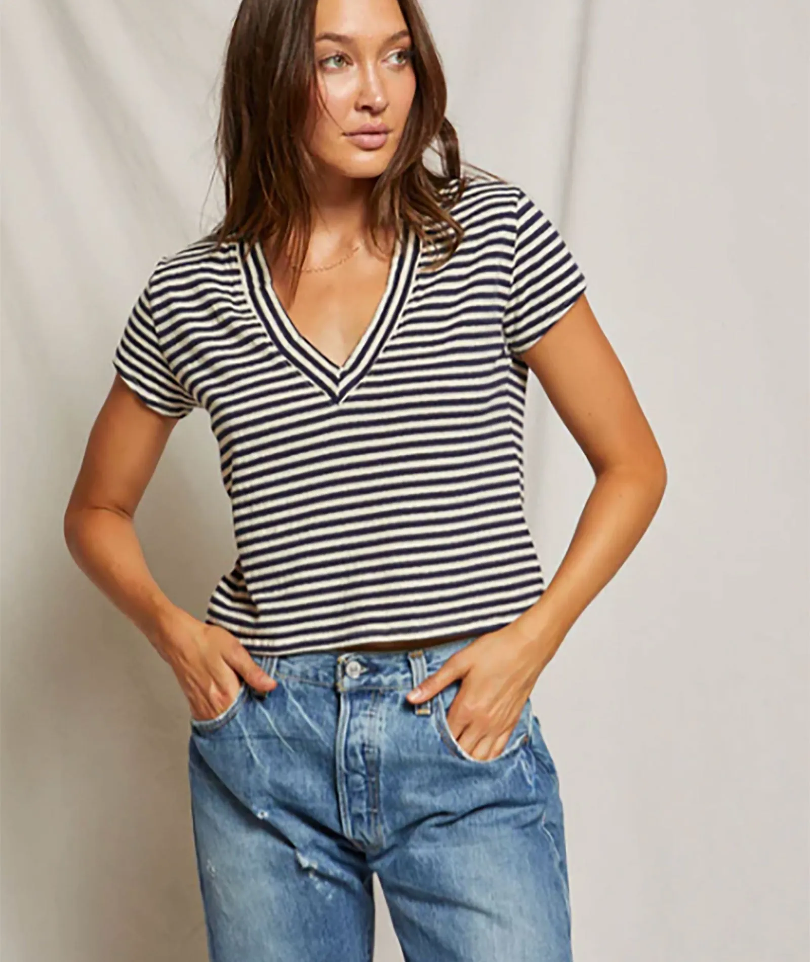 Perfect White Tee Women Alanis Navy Striped Recycled V-Neck