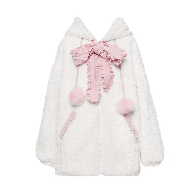 Pink Black Kitty Hoodie Tie Bowknot Coat - Kimi