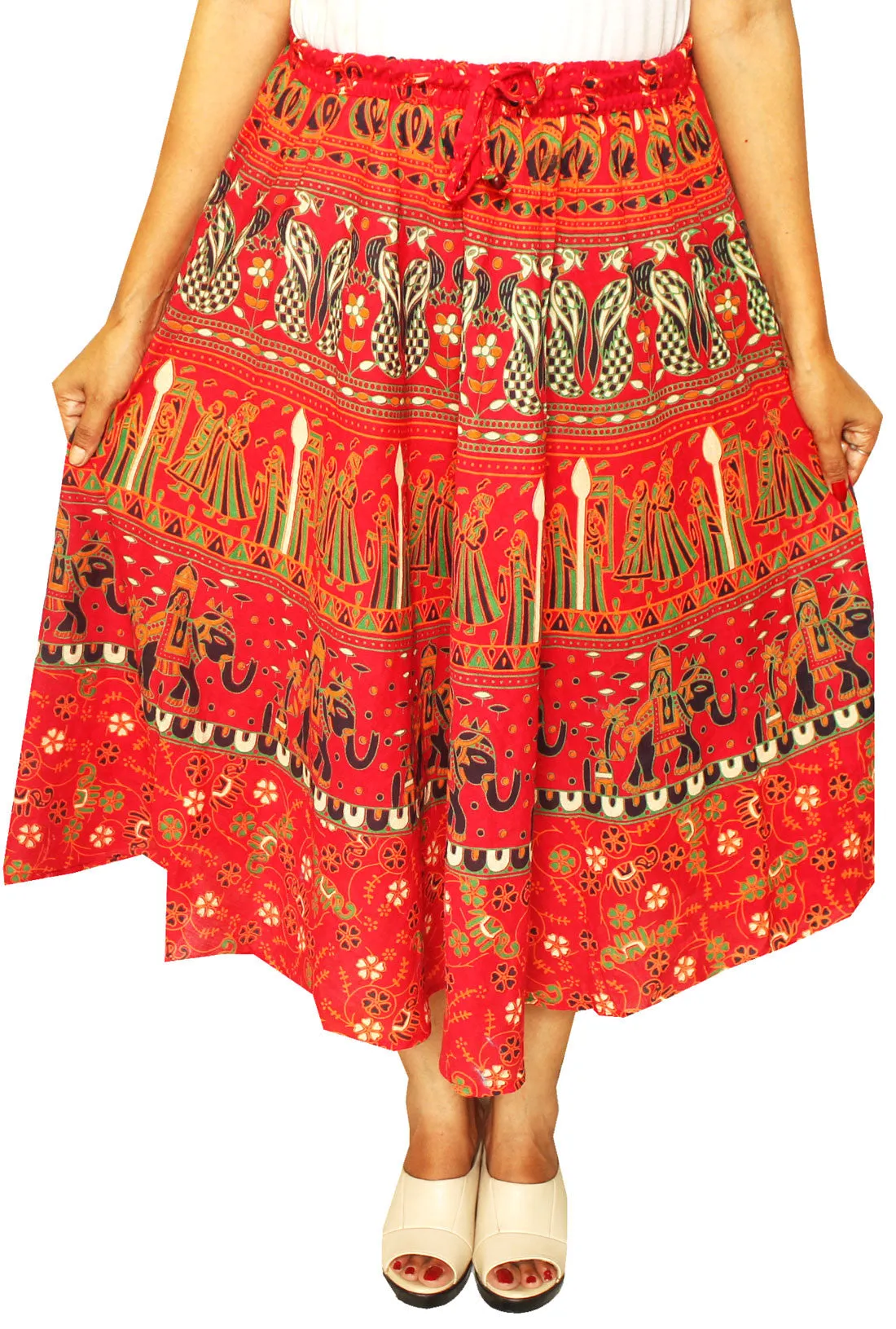 Printed Cotton Womens Long Skirt Indian Clothing (Red)