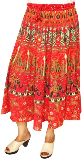 Printed Cotton Womens Long Skirt Indian Clothing (Red)