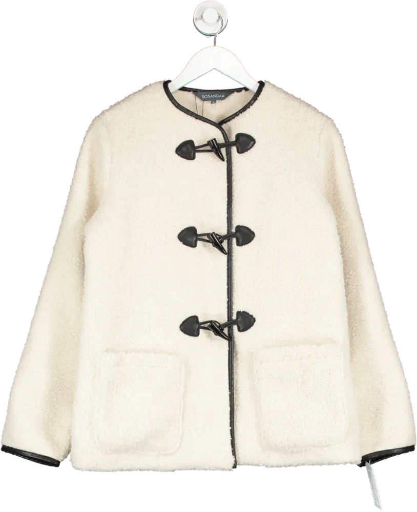 SOSANDAR Cream Collarless Super Cosy Borg Coat With Faux Leather Toggle UK 8