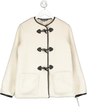 SOSANDAR Cream Collarless Super Cosy Borg Coat With Faux Leather Toggle UK 8