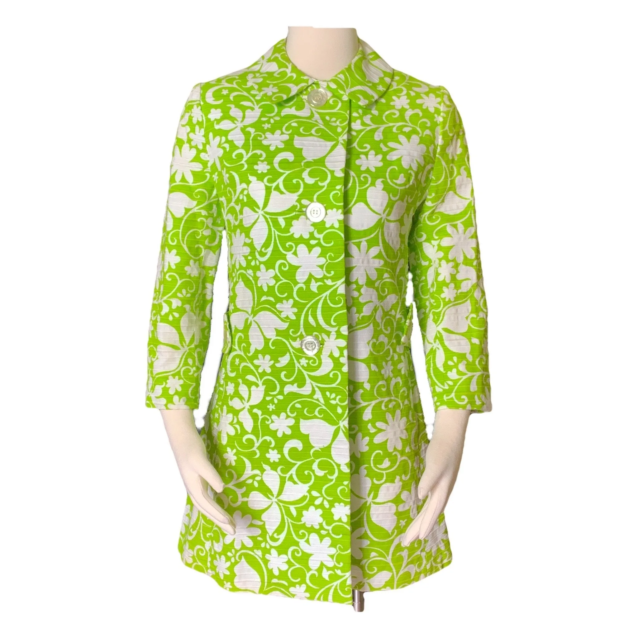 Vintage Green and White Spring Coat from Saks Fifth Avenue. Butterfly and Floral Design.