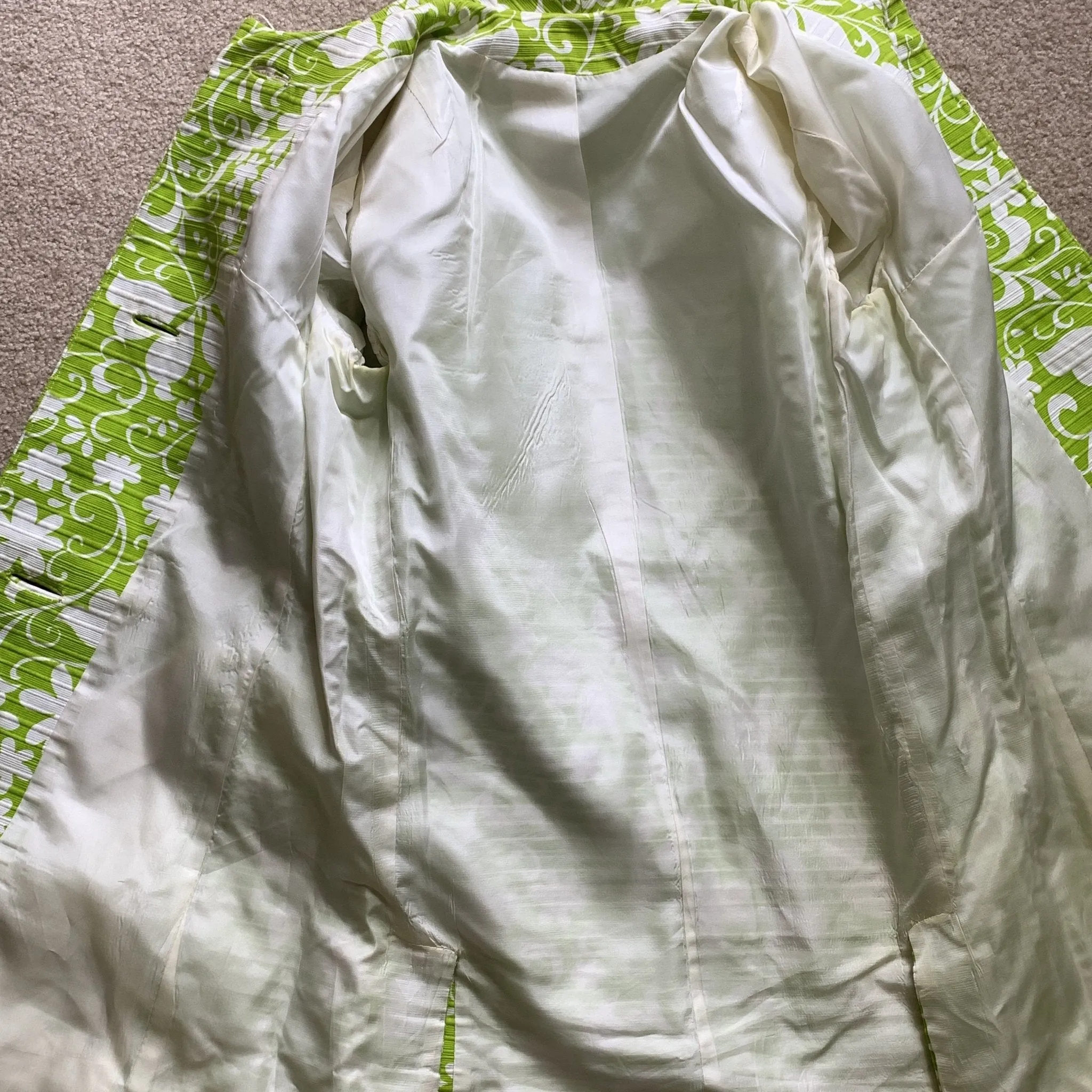 Vintage Green and White Spring Coat from Saks Fifth Avenue. Butterfly and Floral Design.