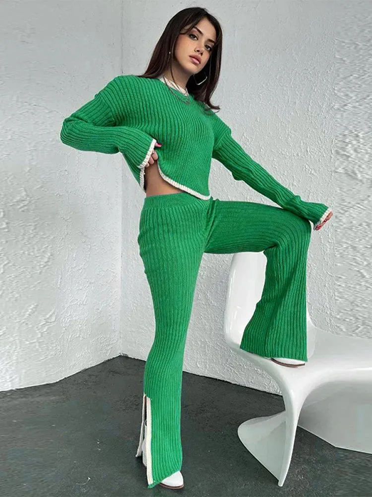 Women Casual Sweater Two Piece Set Female Loose Pullover And High Waist Slit Pants Knitted Suit