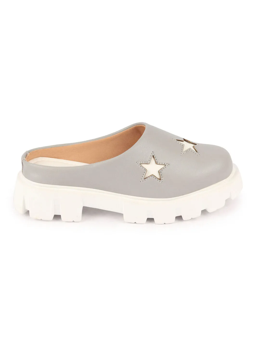 Women Grey Laser Cut Star Open Back Height Enhancer Slip On Casual Shoes