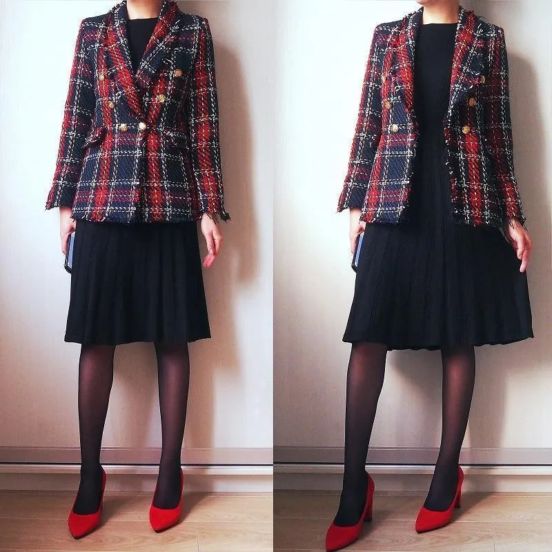 Women Plaid Tweed Blazer Women - Casual - Plaid