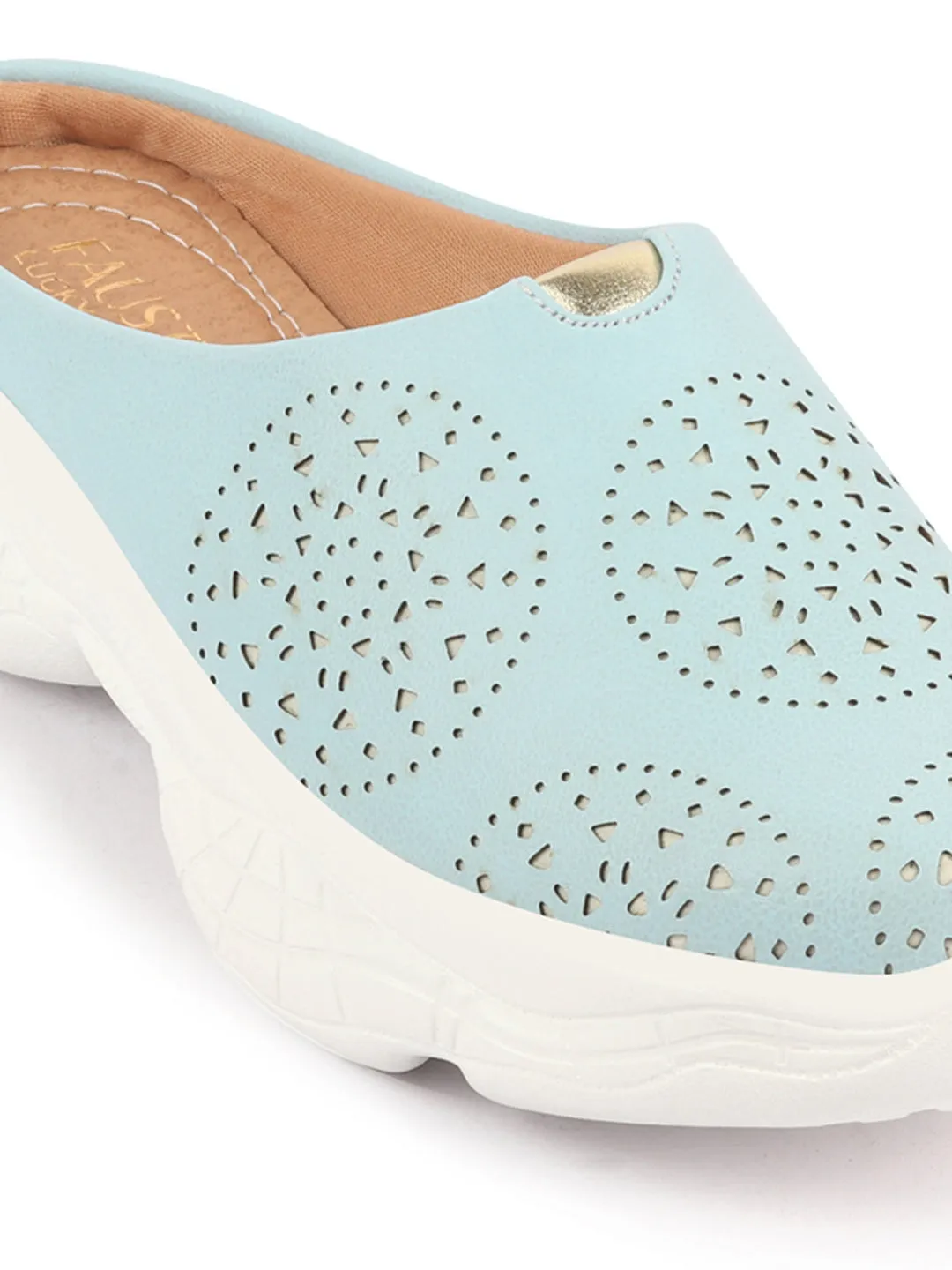 Women Sky Blue Laser Cut Design Back Open Slip On Mules Shoes