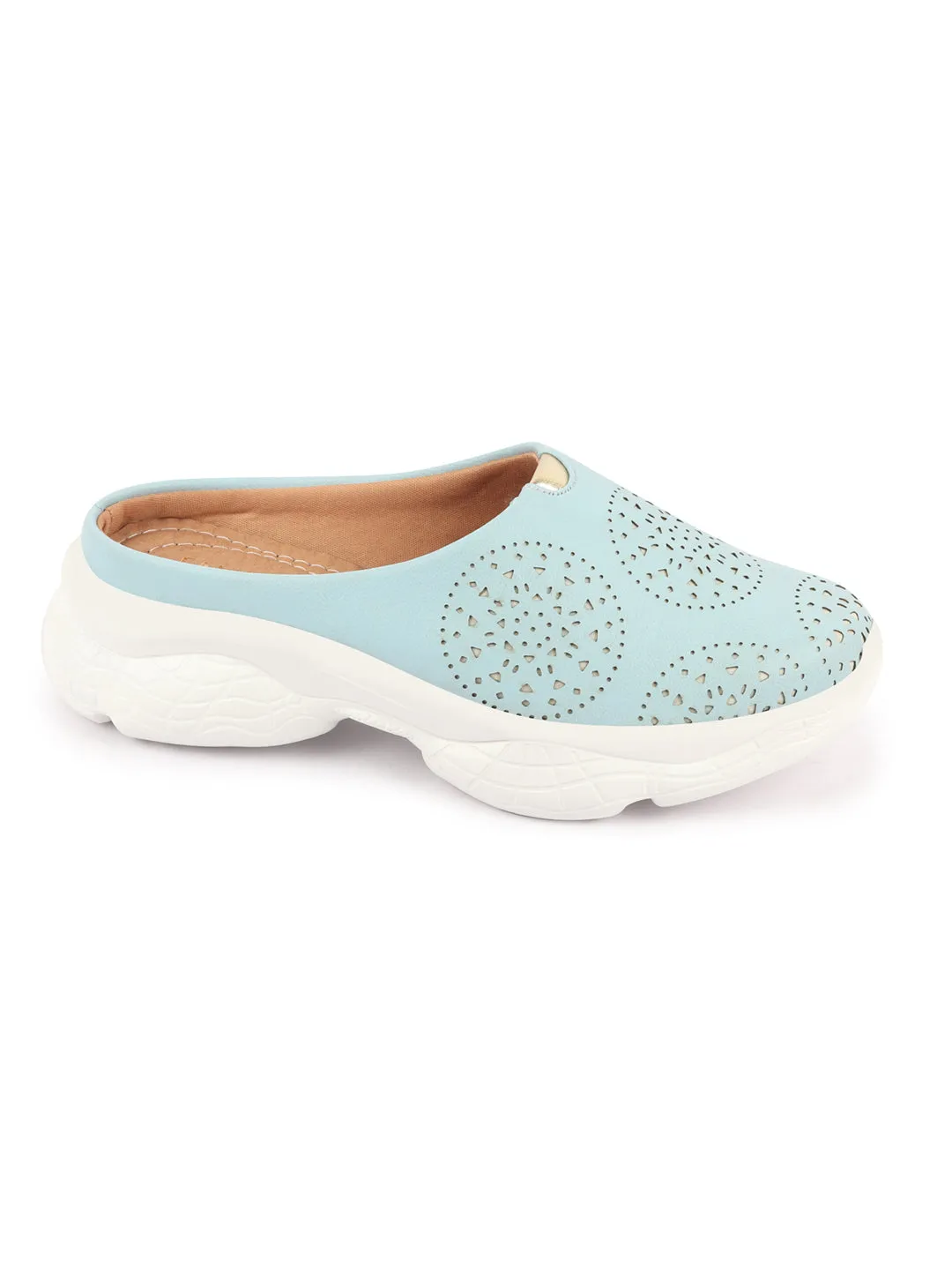 Women Sky Blue Laser Cut Design Back Open Slip On Mules Shoes