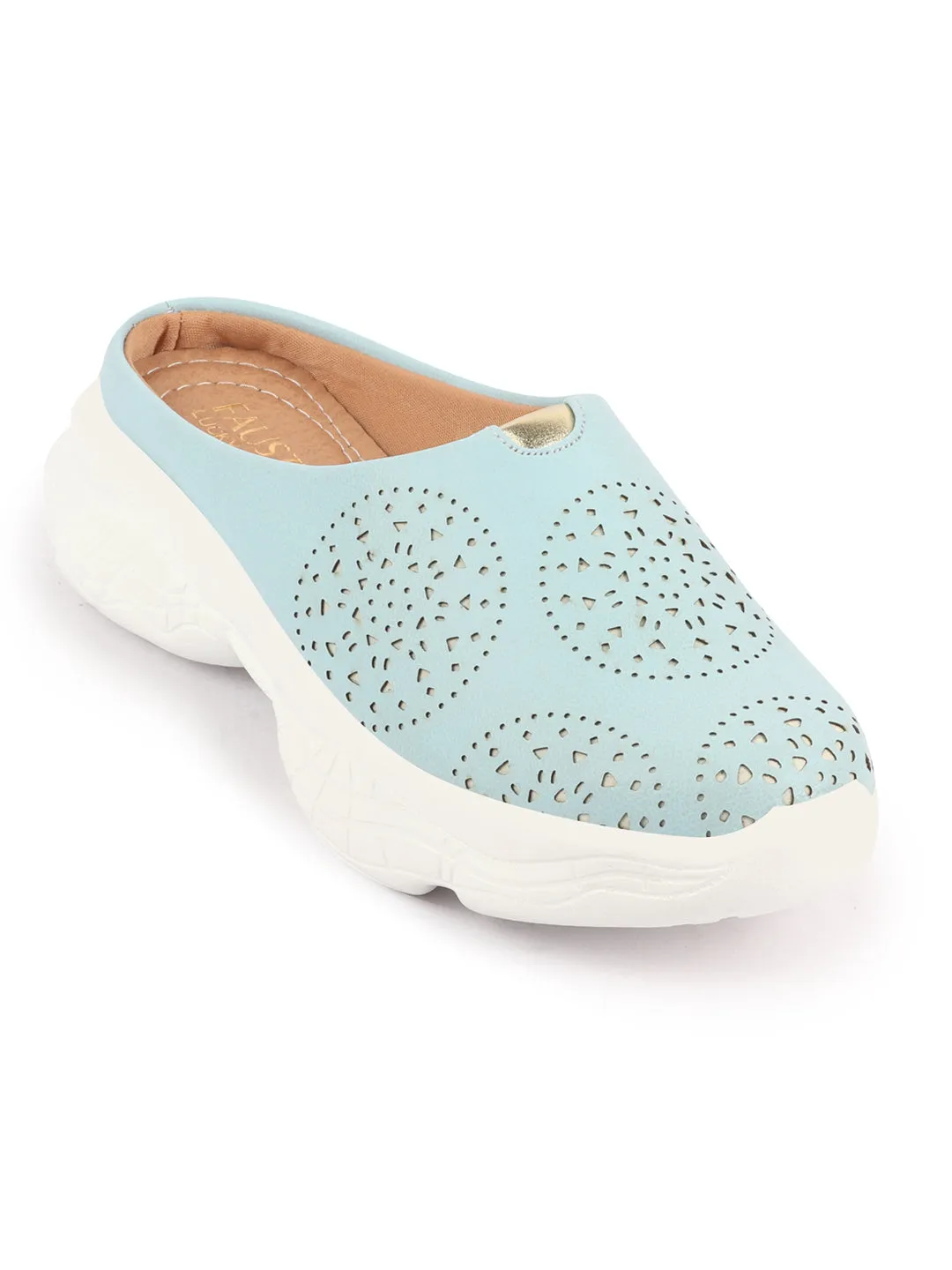 Women Sky Blue Laser Cut Design Back Open Slip On Mules Shoes