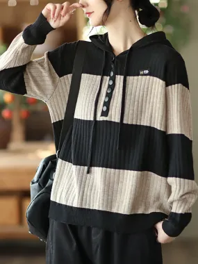 Women Spring Casual Stripe Button Loose Hooded Shirt