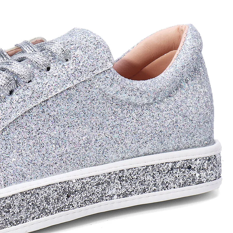 Women Spring Sequin Glitter Bling Sneakers Casual Lace Up Flats Casual Platform Shoes