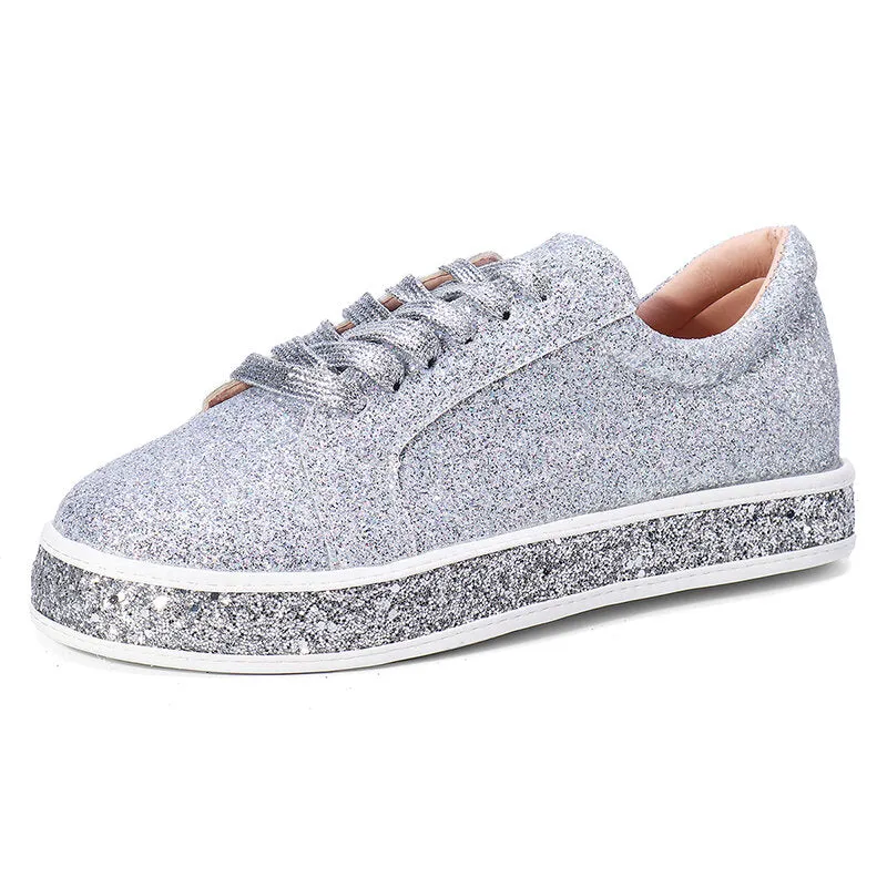 Women Spring Sequin Glitter Bling Sneakers Casual Lace Up Flats Casual Platform Shoes