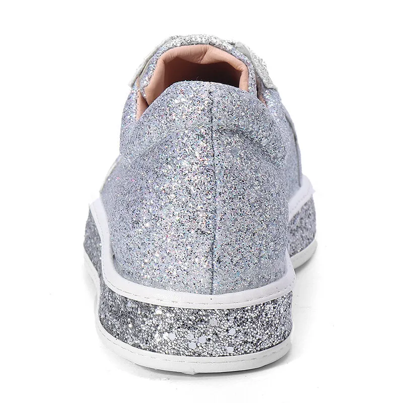 Women Spring Sequin Glitter Bling Sneakers Casual Lace Up Flats Casual Platform Shoes