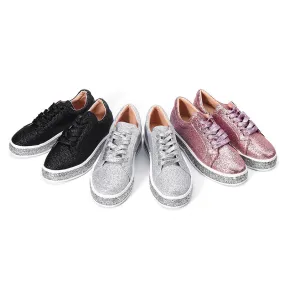 Women Spring Sequin Glitter Bling Sneakers Casual Lace Up Flats Casual Platform Shoes