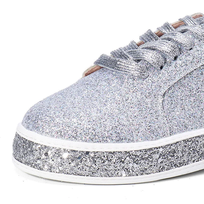 Women Spring Sequin Glitter Bling Sneakers Casual Lace Up Flats Casual Platform Shoes