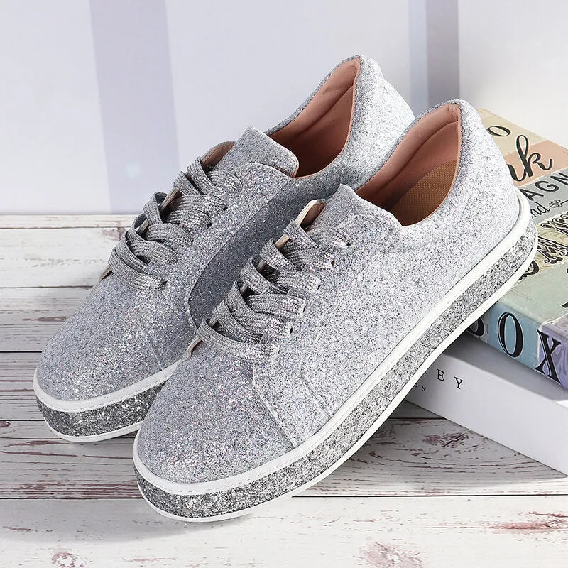 Women Spring Sequin Glitter Bling Sneakers Casual Lace Up Flats Casual Platform Shoes