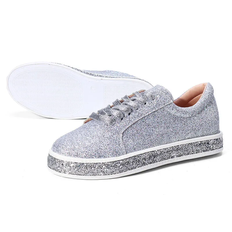 Women Spring Sequin Glitter Bling Sneakers Casual Lace Up Flats Casual Platform Shoes