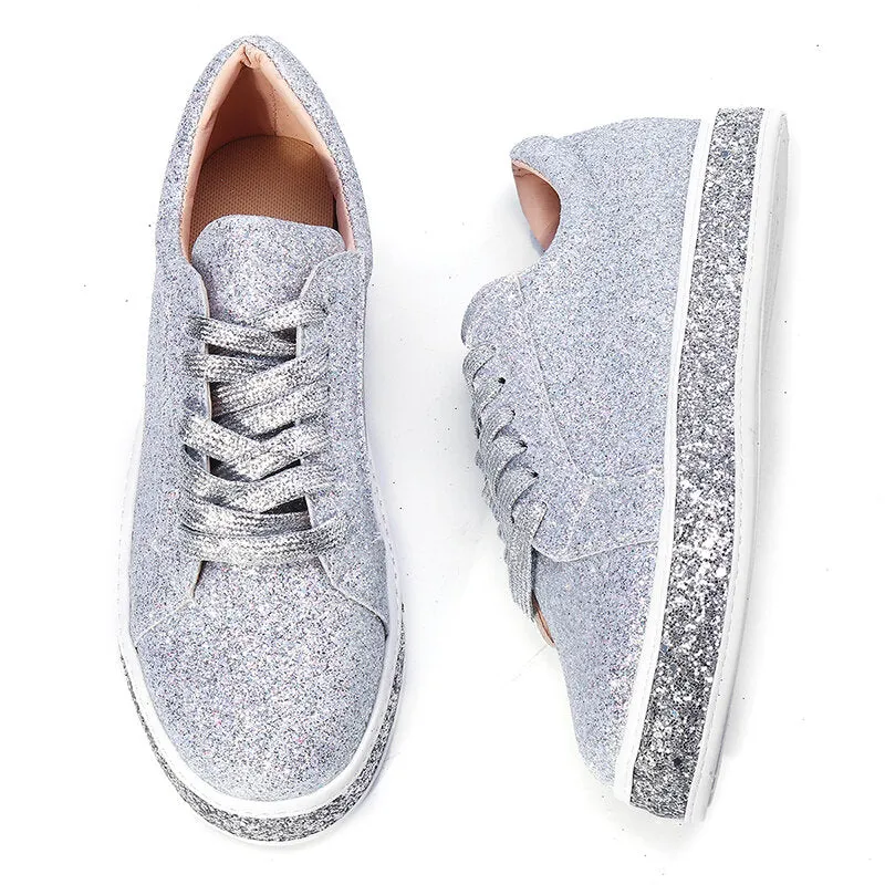 Women Spring Sequin Glitter Bling Sneakers Casual Lace Up Flats Casual Platform Shoes