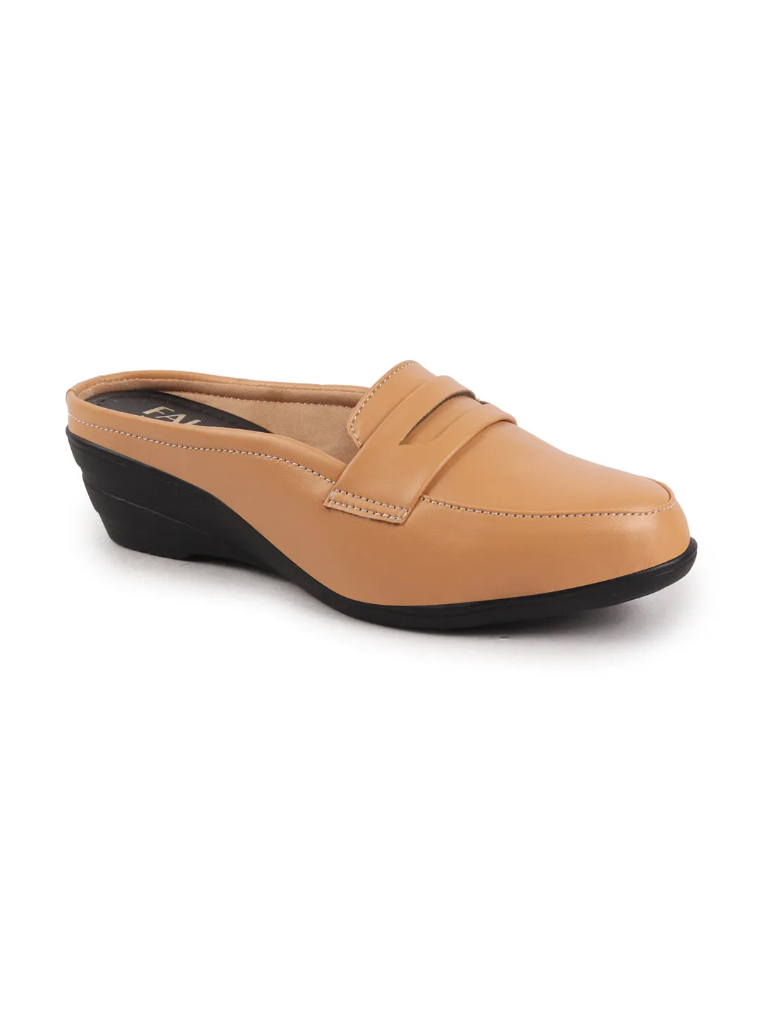 Women Tan Formal Back Open Platform Wedge Heel Slip On Loafer Shoes