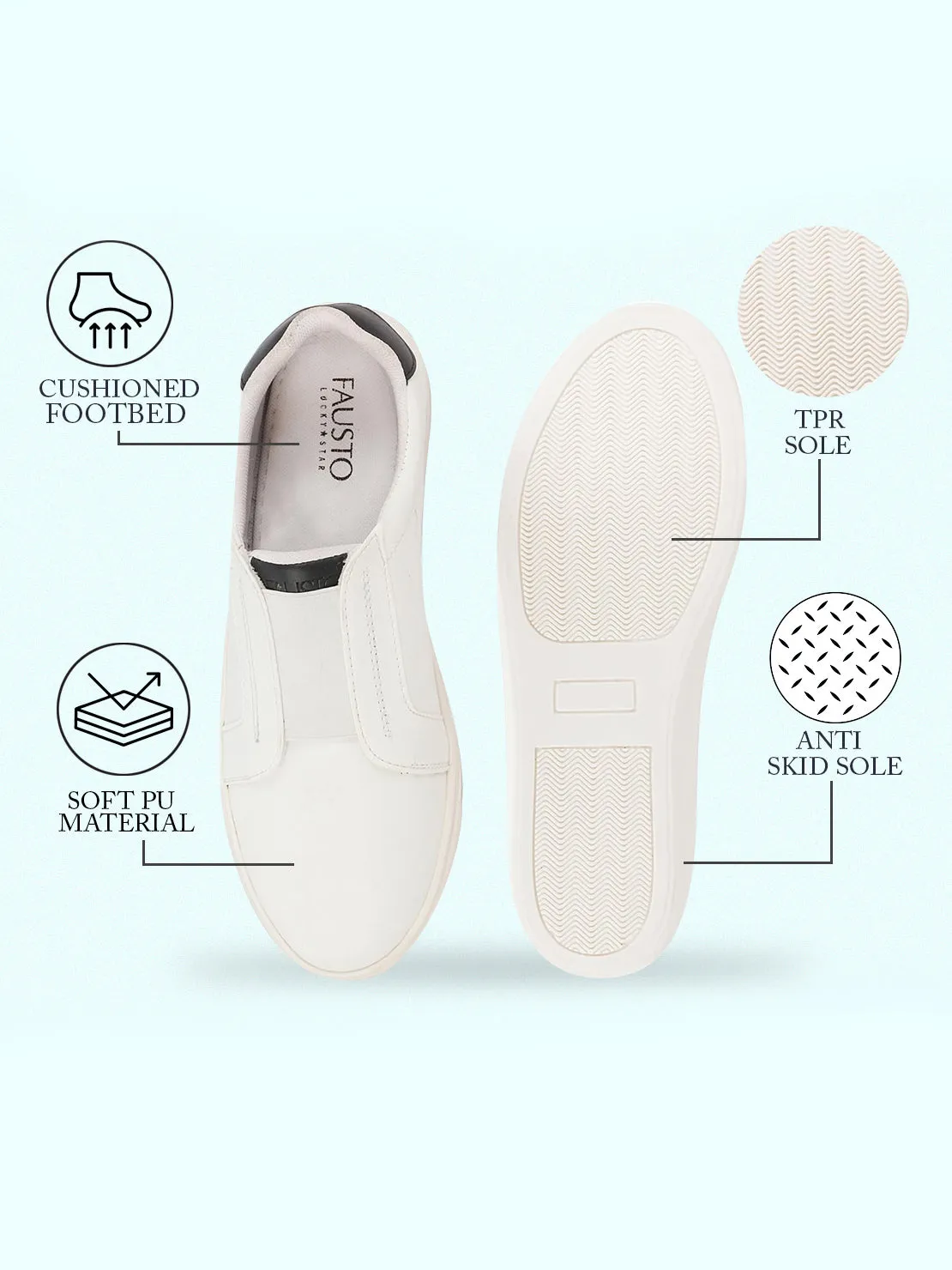 Women White Elastic Closure Stitched Comfort Slip On Sneaker Shoes