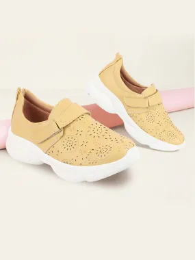 Women Yellow Laser Cut Design Stitched Back Open Hook & Loop Buckle Mules Shoes