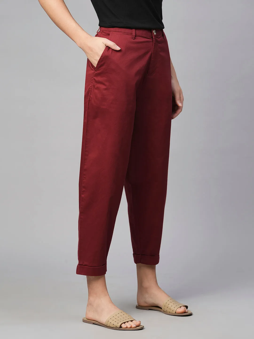 Women's Cotton Elastane Maroon/Red Loose Fit Pant